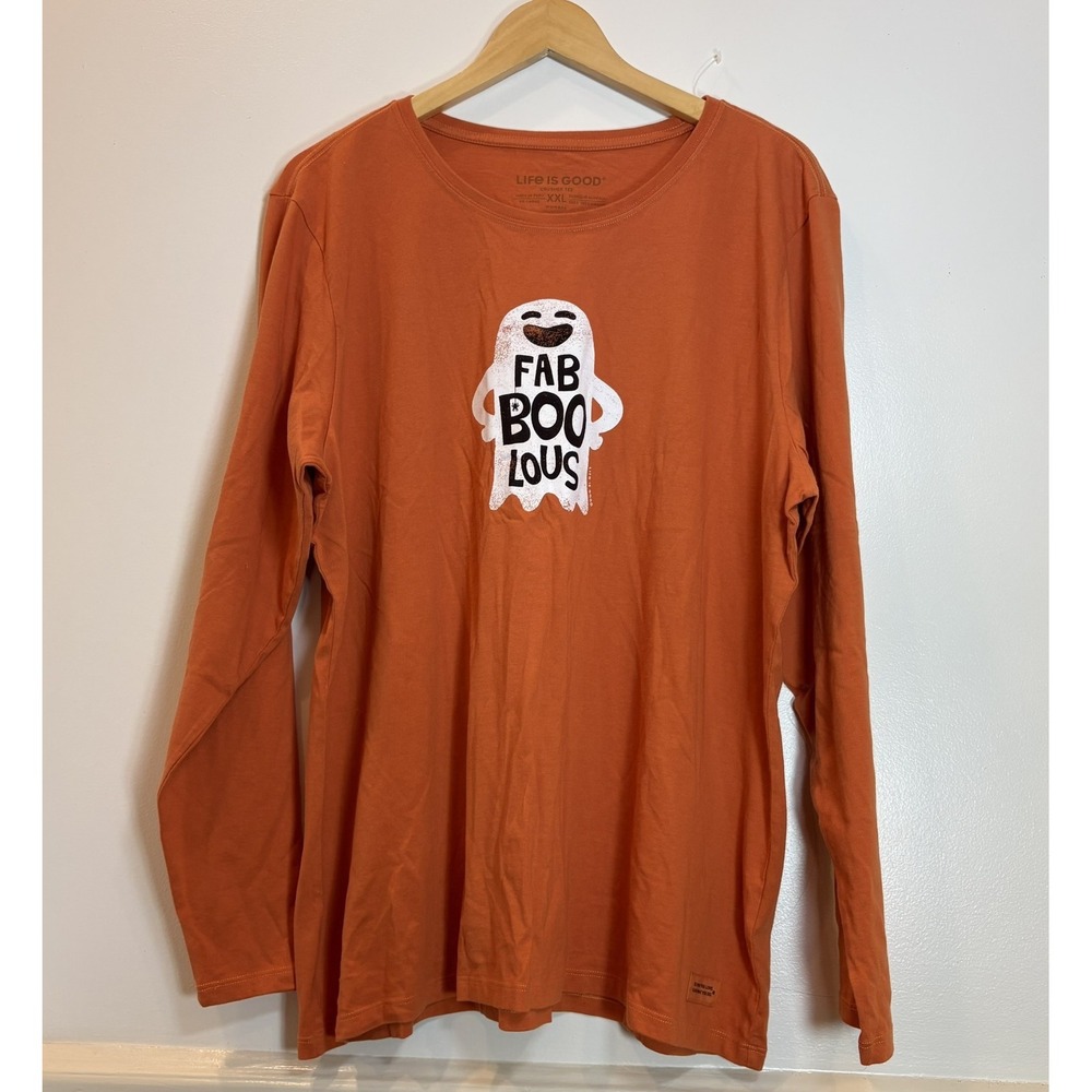 Life is Good Womens XXL Orange Fab-Boo-Lous Ghost Halloween Crusher Tee LS